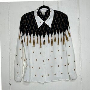 Jordan Tassel Blouse Button Down Long Sleeve Diamond‎ Print Top L